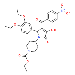 ChemSpider 2D Image | Ethyl 4-[2-(3,4-diethoxyphenyl)-4-hydroxy-3-(4-nitrobenzoyl)-5-oxo-2,5-dihydro-1H-pyrrol-1-yl]-1-piperidinecarboxylate | C29H33N3O9