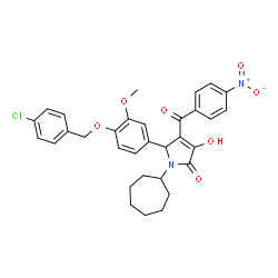 ChemSpider 2D Image | 5-{4-[(4-Chlorobenzyl)oxy]-3-methoxyphenyl}-1-cycloheptyl-3-hydroxy-4-(4-nitrobenzoyl)-1,5-dihydro-2H-pyrrol-2-one | C32H31ClN2O7