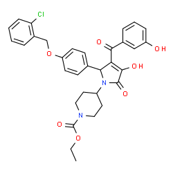 ChemSpider 2D Image | Ethyl 4-[2-{4-[(2-chlorobenzyl)oxy]phenyl}-4-hydroxy-3-(3-hydroxybenzoyl)-5-oxo-2,5-dihydro-1H-pyrrol-1-yl]-1-piperidinecarboxylate | C32H31ClN2O7