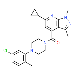 ChemSpider 2D Image | [4-(5-Chloro-2-methylphenyl)-1-piperazinyl](6-cyclopropyl-1,3-dimethyl-1H-pyrazolo[3,4-b]pyridin-4-yl)methanone | C23H26ClN5O