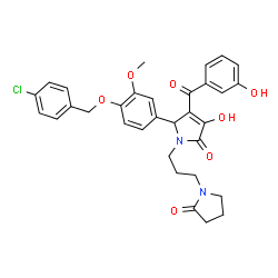 ChemSpider 2D Image | 5-{4-[(4-Chlorobenzyl)oxy]-3-methoxyphenyl}-3-hydroxy-4-(3-hydroxybenzoyl)-1-[3-(2-oxo-1-pyrrolidinyl)propyl]-1,5-dihydro-2H-pyrrol-2-one | C32H31ClN2O7