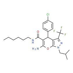 ChemSpider 2D Image | 6-Amino-4-(4-chlorophenyl)-N-hexyl-1-isobutyl-3-(trifluoromethyl)-1,4-dihydropyrano[2,3-c]pyrazole-5-carboxamide | C24H30ClF3N4O2