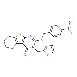 ChemSpider 2D Image | 3-(2-Furylmethyl)-2-[(4-nitrobenzyl)sulfanyl]-5,6,7,8-tetrahydro[1]benzothieno[2,3-d]pyrimidin-4(3H)-one | C22H19N3O4S2