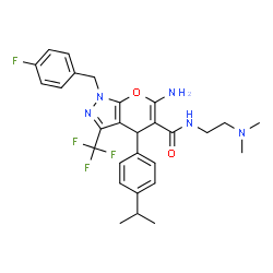 ChemSpider 2D Image | 6-Amino-N-[2-(dimethylamino)ethyl]-1-(4-fluorobenzyl)-4-(4-isopropylphenyl)-3-(trifluoromethyl)-1,4-dihydropyrano[2,3-c]pyrazole-5-carboxamide | C28H31F4N5O2