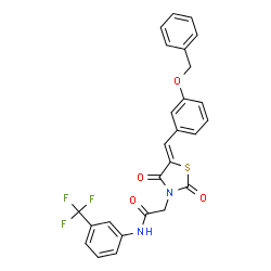 ChemSpider 2D Image | 2-{(5Z)-5-[3-(Benzyloxy)benzylidene]-2,4-dioxo-1,3-thiazolidin-3-yl}-N-[3-(trifluoromethyl)phenyl]acetamide | C26H19F3N2O4S