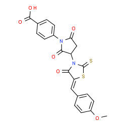 ChemSpider 2D Image | 4-{3-[(5Z)-5-(4-Methoxybenzylidene)-4-oxo-2-thioxo-1,3-thiazolidin-3-yl]-2,5-dioxo-1-pyrrolidinyl}benzoic acid | C22H16N2O6S2