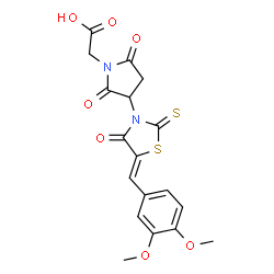 ChemSpider 2D Image | {3-[(5Z)-5-(3,4-Dimethoxybenzylidene)-4-oxo-2-thioxo-1,3-thiazolidin-3-yl]-2,5-dioxo-1-pyrrolidinyl}acetic acid | C18H16N2O7S2