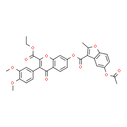 ChemSpider 2D Image | Ethyl 7-{[(5-acetoxy-2-methyl-1-benzofuran-3-yl)carbonyl]oxy}-3-(3,4-dimethoxyphenyl)-4-oxo-4H-chromene-2-carboxylate | C32H26O11