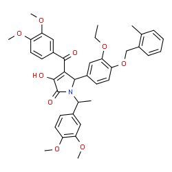 ChemSpider 2D Image | 4-(3,4-Dimethoxybenzoyl)-1-[1-(3,4-dimethoxyphenyl)ethyl]-5-{3-ethoxy-4-[(2-methylbenzyl)oxy]phenyl}-3-hydroxy-1,5-dihydro-2H-pyrrol-2-one | C39H41NO9