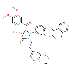 ChemSpider 2D Image | 4-(3,4-Dimethoxybenzoyl)-1-[2-(3,4-dimethoxyphenyl)ethyl]-5-{3-ethoxy-4-[(2-methylbenzyl)oxy]phenyl}-3-hydroxy-1,5-dihydro-2H-pyrrol-2-one | C39H41NO9