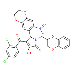 ChemSpider 2D Image | 4-(2,4-Dichlorobenzoyl)-1-(2,3-dihydro-1,4-benzodioxin-2-ylmethyl)-3-hydroxy-5-(7-nitro-2,3-dihydro-1,4-benzodioxin-6-yl)-1,5-dihydro-2H-pyrrol-2-one | C28H20Cl2N2O9
