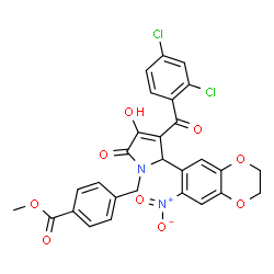 ChemSpider 2D Image | Methyl 4-{[3-(2,4-dichlorobenzoyl)-4-hydroxy-2-(7-nitro-2,3-dihydro-1,4-benzodioxin-6-yl)-5-oxo-2,5-dihydro-1H-pyrrol-1-yl]methyl}benzoate | C28H20Cl2N2O9