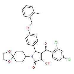 ChemSpider 2D Image | 4-(2,4-Dichlorobenzoyl)-1-(1,4-dioxaspiro[4.5]dec-8-yl)-3-hydroxy-5-{4-[(2-methylbenzyl)oxy]phenyl}-1,5-dihydro-2H-pyrrol-2-one | C33H31Cl2NO6