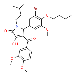 ChemSpider 2D Image | 5-(3-Bromo-4-butoxy-5-methoxyphenyl)-4-(3,4-dimethoxybenzoyl)-3-hydroxy-1-(3-methylbutyl)-1,5-dihydro-2H-pyrrol-2-one | C29H36BrNO7