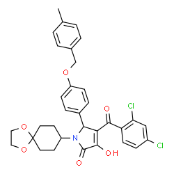 ChemSpider 2D Image | 4-(2,4-Dichlorobenzoyl)-1-(1,4-dioxaspiro[4.5]dec-8-yl)-3-hydroxy-5-{4-[(4-methylbenzyl)oxy]phenyl}-1,5-dihydro-2H-pyrrol-2-one | C33H31Cl2NO6