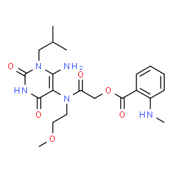 ChemSpider 2D Image | 2-[(6-Amino-1-isobutyl-2,4-dioxo-1,2,3,4-tetrahydro-5-pyrimidinyl)(2-methoxyethyl)amino]-2-oxoethyl 2-(methylamino)benzoate | C21H29N5O6