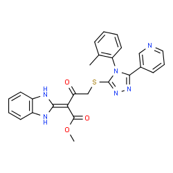 ChemSpider 2D Image | Methyl 2-(1,3-dihydro-2H-benzimidazol-2-ylidene)-4-{[4-(2-methylphenyl)-5-(3-pyridinyl)-4H-1,2,4-triazol-3-yl]sulfanyl}-3-oxobutanoate | C26H22N6O3S