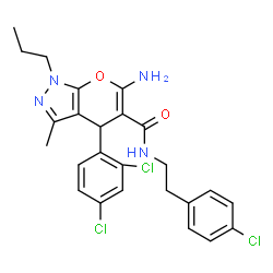 ChemSpider 2D Image | 6-Amino-N-[2-(4-chlorophenyl)ethyl]-4-(2,4-dichlorophenyl)-3-methyl-1-propyl-1,4-dihydropyrano[2,3-c]pyrazole-5-carboxamide | C25H25Cl3N4O2