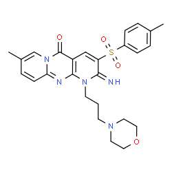 ChemSpider 2D Image | 2-Imino-8-methyl-3-[(4-methylphenyl)sulfonyl]-1-[3-(4-morpholinyl)propyl]-1,2-dihydro-5H-dipyrido[1,2-a:2',3'-d]pyrimidin-5-one | C26H29N5O4S