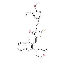 ChemSpider 2D Image | 3-[(E)-{3-[2-(3,4-Dimethoxyphenyl)ethyl]-4-oxo-2-thioxo-1,3-thiazolidin-5-ylidene}methyl]-2-(2,6-dimethyl-4-morpholinyl)-9-methyl-4H-pyrido[1,2-a]pyrimidin-4-one | C29H32N4O5S2