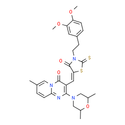 ChemSpider 2D Image | 3-[(E)-{3-[2-(3,4-Dimethoxyphenyl)ethyl]-4-oxo-2-thioxo-1,3-thiazolidin-5-ylidene}methyl]-2-(2,6-dimethyl-4-morpholinyl)-7-methyl-4H-pyrido[1,2-a]pyrimidin-4-one | C29H32N4O5S2