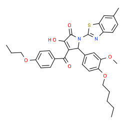ChemSpider 2D Image | 3-Hydroxy-5-[3-methoxy-4-(pentyloxy)phenyl]-1-(6-methyl-1,3-benzothiazol-2-yl)-4-(4-propoxybenzoyl)-1,5-dihydro-2H-pyrrol-2-one | C34H36N2O6S
