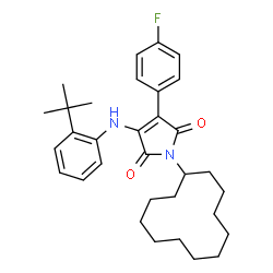 ChemSpider 2D Image | 1-Cyclododecyl-3-(4-fluorophenyl)-4-{[2-(2-methyl-2-propanyl)phenyl]amino}-1H-pyrrole-2,5-dione | C32H41FN2O2