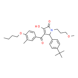 ChemSpider 2D Image | 4-(4-Butoxy-3-methylbenzoyl)-5-(4-tert-butylphenyl)-3-hydroxy-1-(3-methoxypropyl)-1,5-dihydro-2H-pyrrol-2-one | C30H39NO5