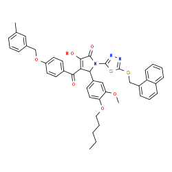 ChemSpider 2D Image | 3-Hydroxy-5-[3-methoxy-4-(pentyloxy)phenyl]-4-{4-[(3-methylbenzyl)oxy]benzoyl}-1-{5-[(1-naphthylmethyl)sulfanyl]-1,3,4-thiadiazol-2-yl}-1,5-dihydro-2H-pyrrol-2-one | C44H41N3O6S2