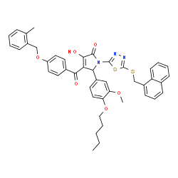 ChemSpider 2D Image | 3-Hydroxy-5-[3-methoxy-4-(pentyloxy)phenyl]-4-{4-[(2-methylbenzyl)oxy]benzoyl}-1-{5-[(1-naphthylmethyl)sulfanyl]-1,3,4-thiadiazol-2-yl}-1,5-dihydro-2H-pyrrol-2-one | C44H41N3O6S2