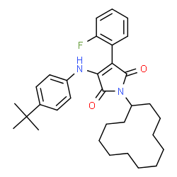 ChemSpider 2D Image | 1-Cyclododecyl-3-(2-fluorophenyl)-4-{[4-(2-methyl-2-propanyl)phenyl]amino}-1H-pyrrole-2,5-dione | C32H41FN2O2