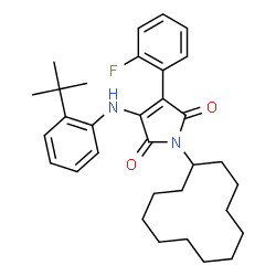 ChemSpider 2D Image | 1-Cyclododecyl-3-(2-fluorophenyl)-4-{[2-(2-methyl-2-propanyl)phenyl]amino}-1H-pyrrole-2,5-dione | C32H41FN2O2