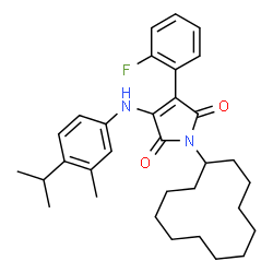 ChemSpider 2D Image | 1-Cyclododecyl-3-(2-fluorophenyl)-4-[(4-isopropyl-3-methylphenyl)amino]-1H-pyrrole-2,5-dione | C32H41FN2O2