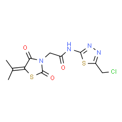 ChemSpider 2D Image | N-[5-(Chloromethyl)-1,3,4-thiadiazol-2-yl]-2-(5-isopropylidene-2,4-dioxo-1,3-thiazolidin-3-yl)acetamide | C11H11ClN4O3S2