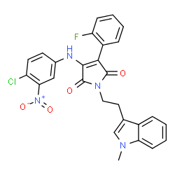 ChemSpider 2D Image | 3-[(4-Chloro-3-nitrophenyl)amino]-4-(2-fluorophenyl)-1-[2-(1-methyl-1H-indol-3-yl)ethyl]-1H-pyrrole-2,5-dione | C27H20ClFN4O4