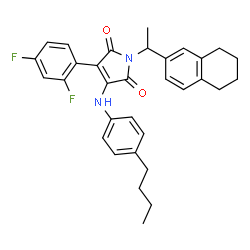 ChemSpider 2D Image | 3-[(4-Butylphenyl)amino]-4-(2,4-difluorophenyl)-1-[1-(5,6,7,8-tetrahydro-2-naphthalenyl)ethyl]-1H-pyrrole-2,5-dione | C32H32F2N2O2