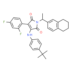 ChemSpider 2D Image | 3-(2,4-Difluorophenyl)-4-{[4-(2-methyl-2-propanyl)phenyl]amino}-1-[1-(5,6,7,8-tetrahydro-2-naphthalenyl)ethyl]-1H-pyrrole-2,5-dione | C32H32F2N2O2
