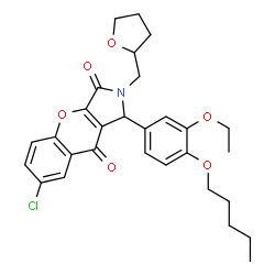 ChemSpider 2D Image | 7-Chloro-1-[3-ethoxy-4-(pentyloxy)phenyl]-2-(tetrahydro-2-furanylmethyl)-1,2-dihydrochromeno[2,3-c]pyrrole-3,9-dione | C29H32ClNO6