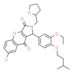 ChemSpider 2D Image | 7-Chloro-1-[3-ethoxy-4-(3-methylbutoxy)phenyl]-2-(tetrahydro-2-furanylmethyl)-1,2-dihydrochromeno[2,3-c]pyrrole-3,9-dione | C29H32ClNO6