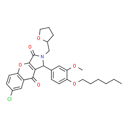 ChemSpider 2D Image | 7-Chloro-1-[4-(hexyloxy)-3-methoxyphenyl]-2-(tetrahydro-2-furanylmethyl)-1,2-dihydrochromeno[2,3-c]pyrrole-3,9-dione | C29H32ClNO6