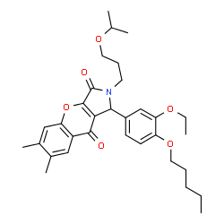 ChemSpider 2D Image | 1-[3-Ethoxy-4-(pentyloxy)phenyl]-2-(3-isopropoxypropyl)-6,7-dimethyl-1,2-dihydrochromeno[2,3-c]pyrrole-3,9-dione | C32H41NO6