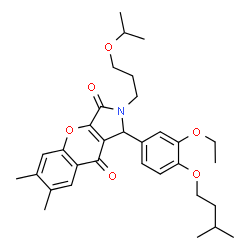 ChemSpider 2D Image | 1-[3-Ethoxy-4-(3-methylbutoxy)phenyl]-2-(3-isopropoxypropyl)-6,7-dimethyl-1,2-dihydrochromeno[2,3-c]pyrrole-3,9-dione | C32H41NO6