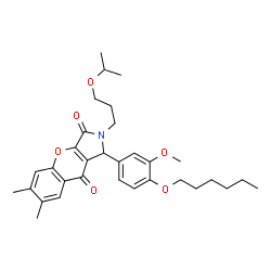 ChemSpider 2D Image | 1-[4-(Hexyloxy)-3-methoxyphenyl]-2-(3-isopropoxypropyl)-6,7-dimethyl-1,2-dihydrochromeno[2,3-c]pyrrole-3,9-dione | C32H41NO6