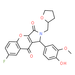 ChemSpider 2D Image | 7-Fluoro-1-(4-hydroxy-3-methoxyphenyl)-2-(tetrahydro-2-furanylmethyl)-1,2-dihydrochromeno[2,3-c]pyrrole-3,9-dione | C23H20FNO6