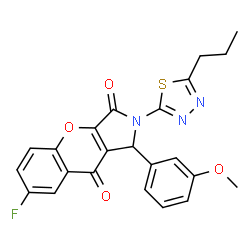 ChemSpider 2D Image | 7-Fluoro-1-(3-methoxyphenyl)-2-(5-propyl-1,3,4-thiadiazol-2-yl)-1,2-dihydrochromeno[2,3-c]pyrrole-3,9-dione | C23H18FN3O4S