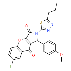 ChemSpider 2D Image | 7-Fluoro-1-(4-methoxyphenyl)-2-(5-propyl-1,3,4-thiadiazol-2-yl)-1,2-dihydrochromeno[2,3-c]pyrrole-3,9-dione | C23H18FN3O4S