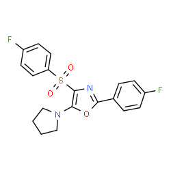 ChemSpider 2D Image | 2-(4-Fluorophenyl)-4-[(4-fluorophenyl)sulfonyl]-5-(1-pyrrolidinyl)-1,3-oxazole | C19H16F2N2O3S