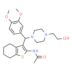 ChemSpider 2D Image | N-(3-{(3,4-Dimethoxyphenyl)[4-(2-hydroxyethyl)-1-piperazinyl]methyl}-4,5,6,7-tetrahydro-1-benzothiophen-2-yl)acetamide | C25H35N3O4S