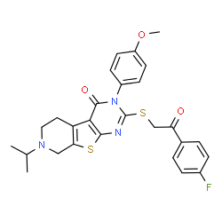 ChemSpider 2D Image | 2-{[2-(4-Fluorophenyl)-2-oxoethyl]sulfanyl}-7-isopropyl-3-(4-methoxyphenyl)-5,6,7,8-tetrahydropyrido[4',3':4,5]thieno[2,3-d]pyrimidin-4(3H)-one | C27H26FN3O3S2
