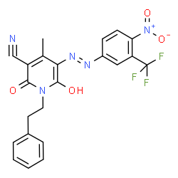 ChemSpider 2D Image | 6-Hydroxy-4-methyl-5-{(E)-[4-nitro-3-(trifluoromethyl)phenyl]diazenyl}-2-oxo-1-(2-phenylethyl)-1,2-dihydro-3-pyridinecarbonitrile | C22H16F3N5O4